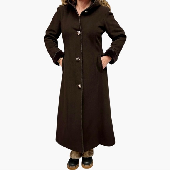 Vintage Albert Nipon Dark Brown Hooded Wool Long Winter Coat Velvet Trim Size 10 - Picture 13 of 13